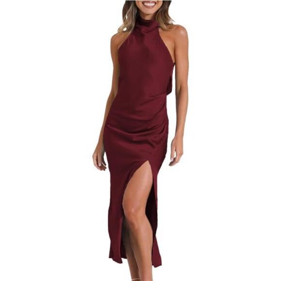 Satin Halter Backless Silt Midi Dress for Women 2024 Elegant Formal High Neck